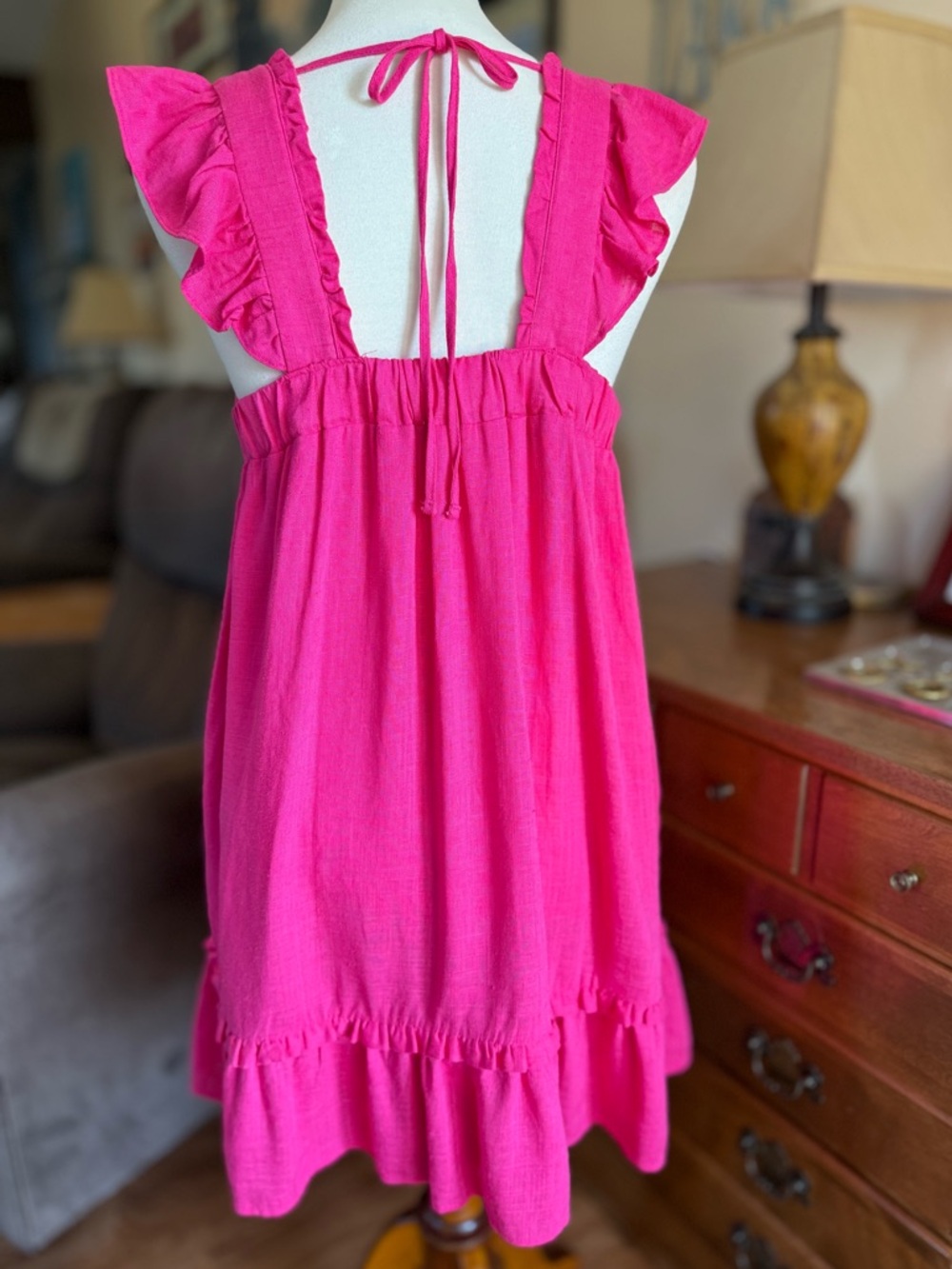 Bright Pink Ruffle Strap Mini Dress - Picture 6 of 14